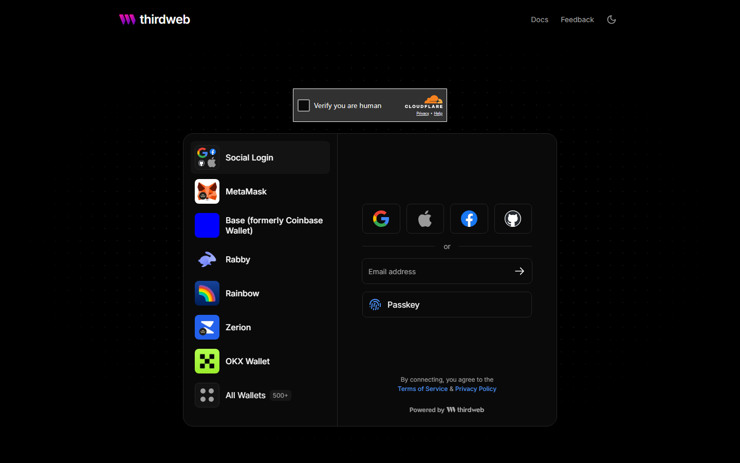 Thirdweb login page showing wallet options including MetaMask, Rabby, Rainbow, Zerion and more
