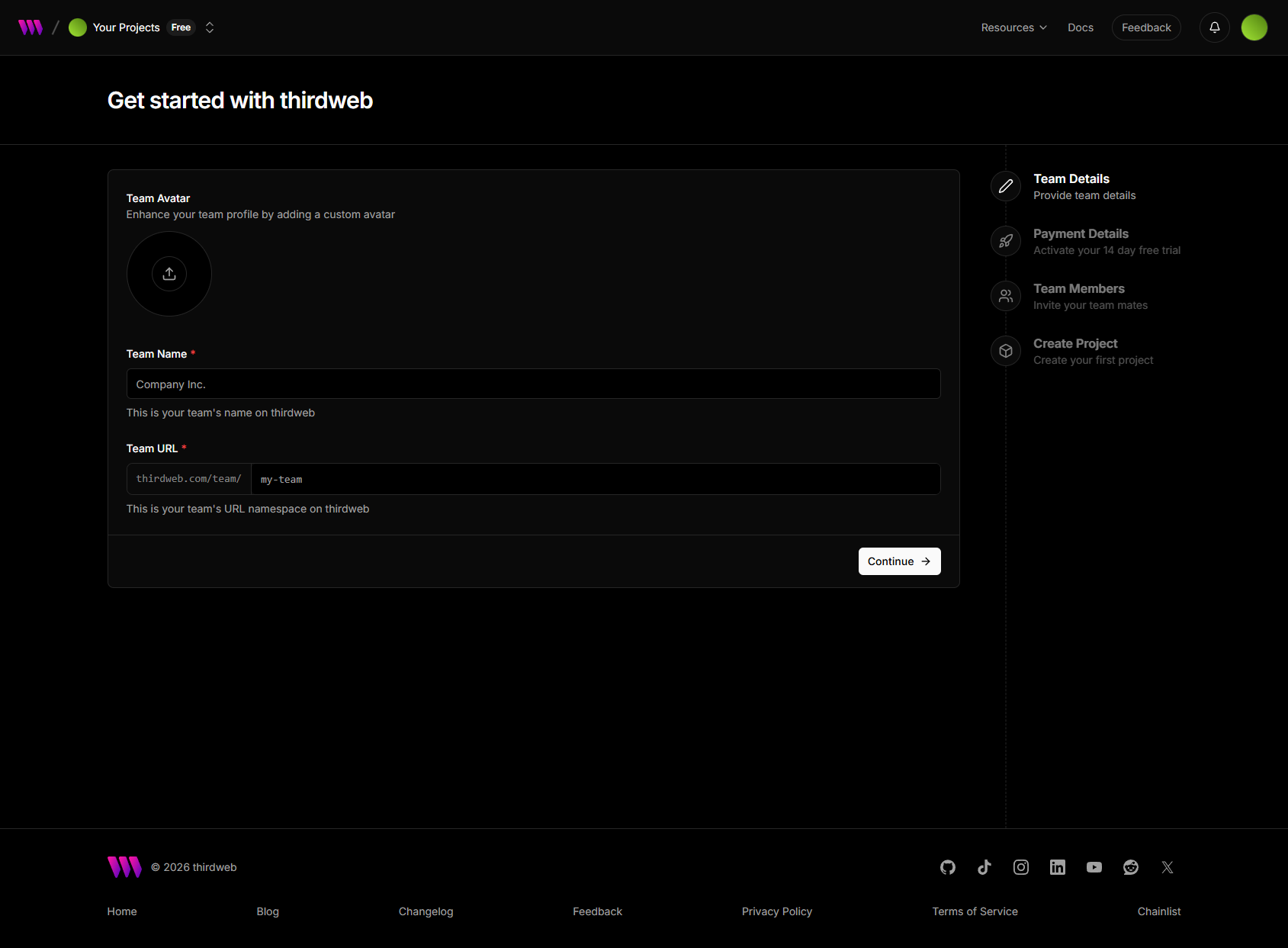 Thirdweb team dashboard after authenticated email OTP login on 2026-07-14