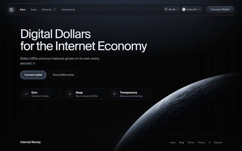 The Ethena app home, shows current sUSDe APY and your position summar